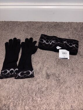 Coach Black Knit Gloves and Headband Set with Silver Logo Trim